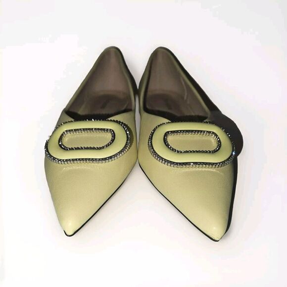 New! C.Paravano Leather Pointed Toe Flats Crystal Buckle Yellow US 8.5 $118 - Picture 5 of 14